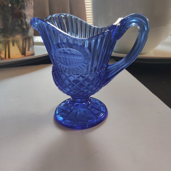 Mt. Vernon Cobalt Blue Pitcher with a honeycomb design & vertical cuts at spout. - Picture 6 of 6